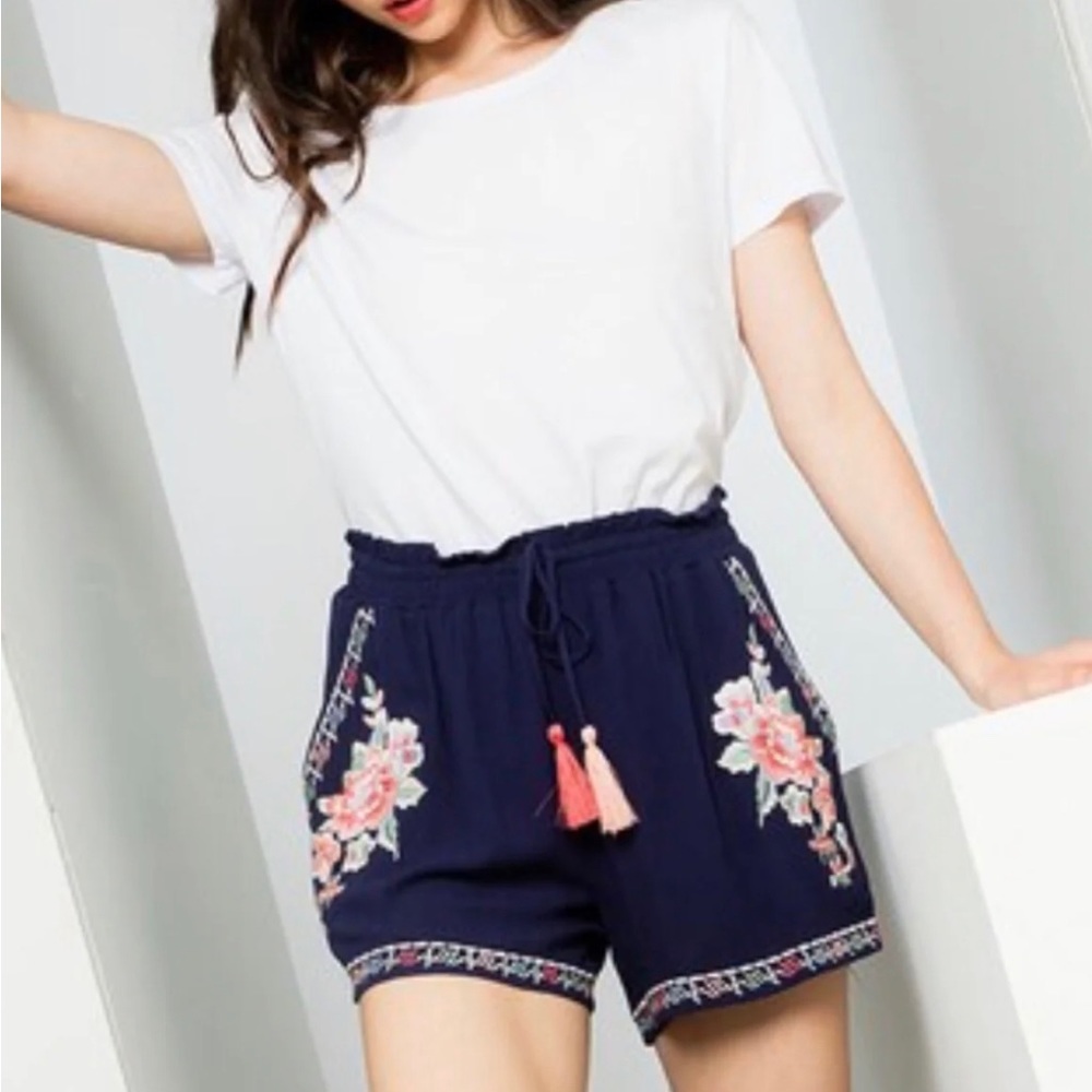 THML blue women/girls wide leg waist tie shorts with pockets on either side